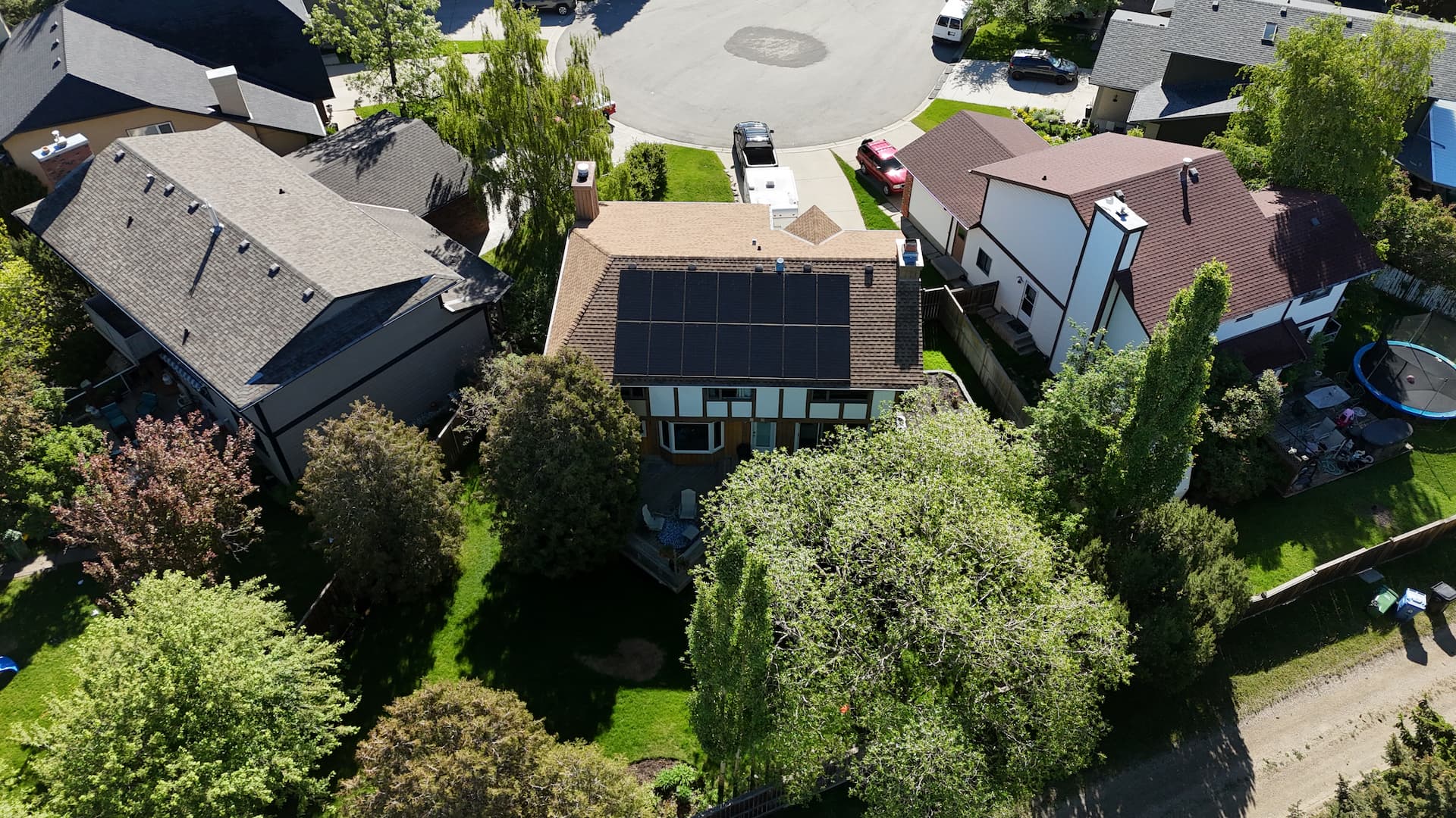 Aerial view of Rob's 14-panel solar system in Coach Hill, Calgary, installed by Nuvo Renewables
