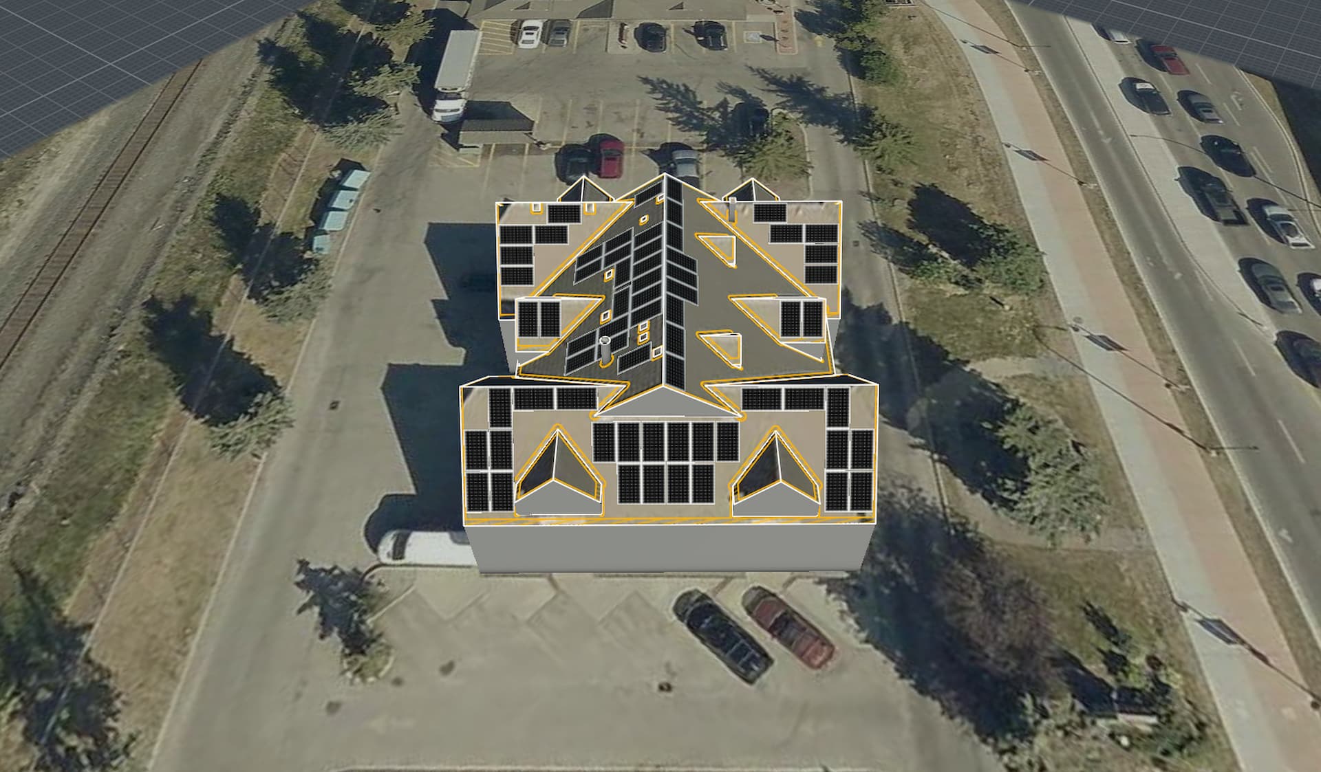 Aurora Solar design model showing the panel layout for the Canmore commercial solar installation